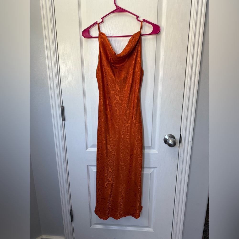 Lulu's Orange Cowl Neck Sleeveless Sheath Midi Dress
